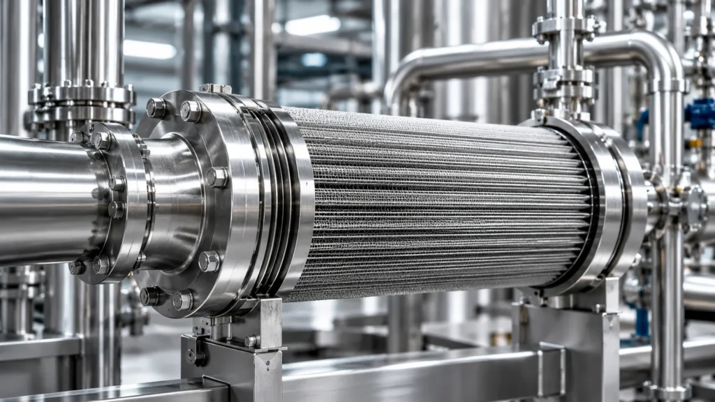 Pleated metal mesh filter element inside a flanged stainless steel housing