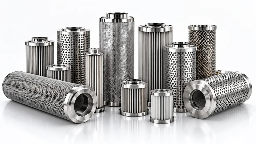 Collection of stainless steel pleated, perforated and woven mesh filter cartridges